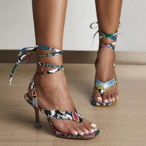Chicvane Colorful Snake Printed Clip Toe Cross Bandage Strap Gladiator Sandals